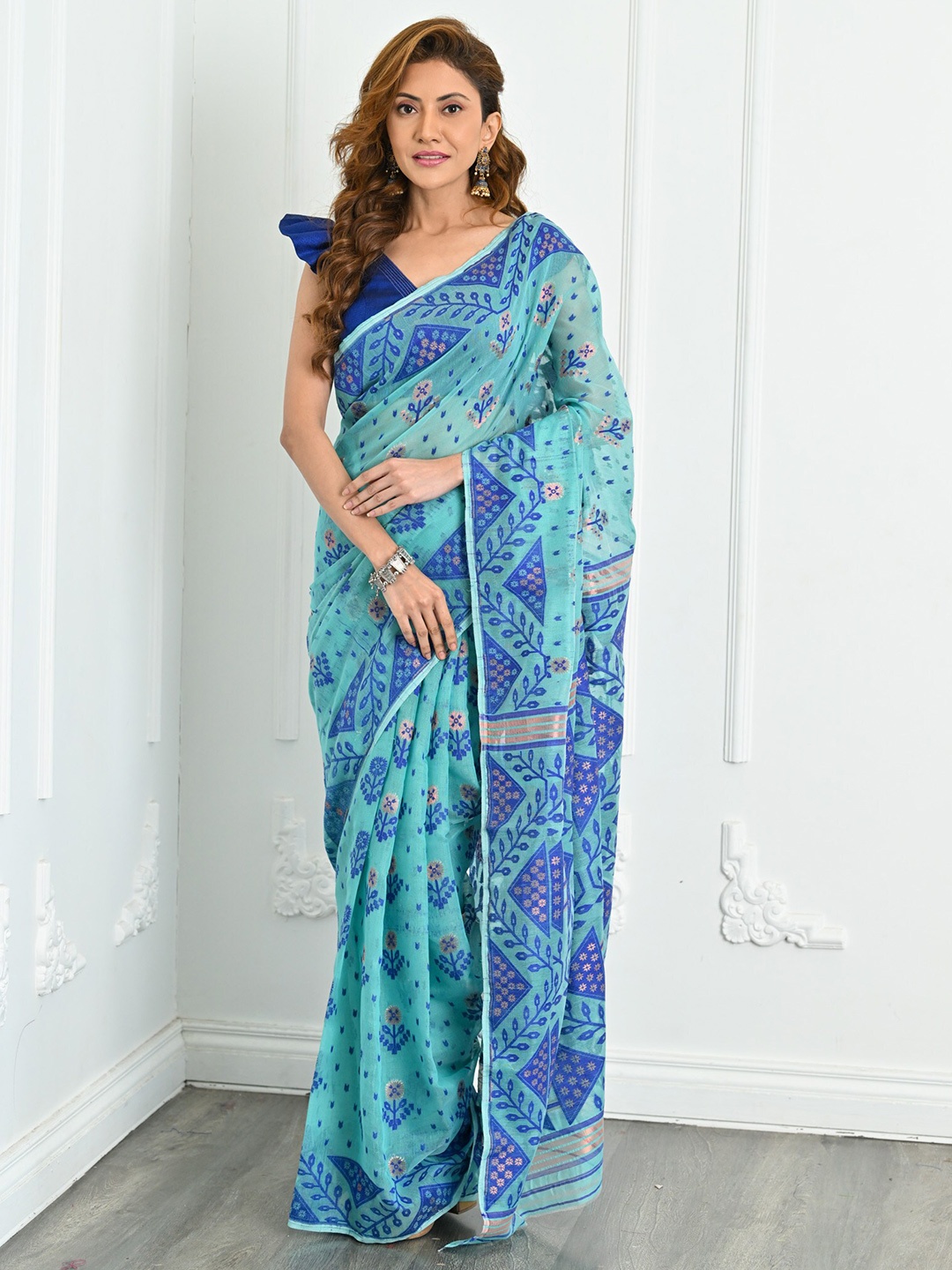 

BEATITUDE Ethnic Motifs Woven Design Jacquard Jamdani Saree, Blue