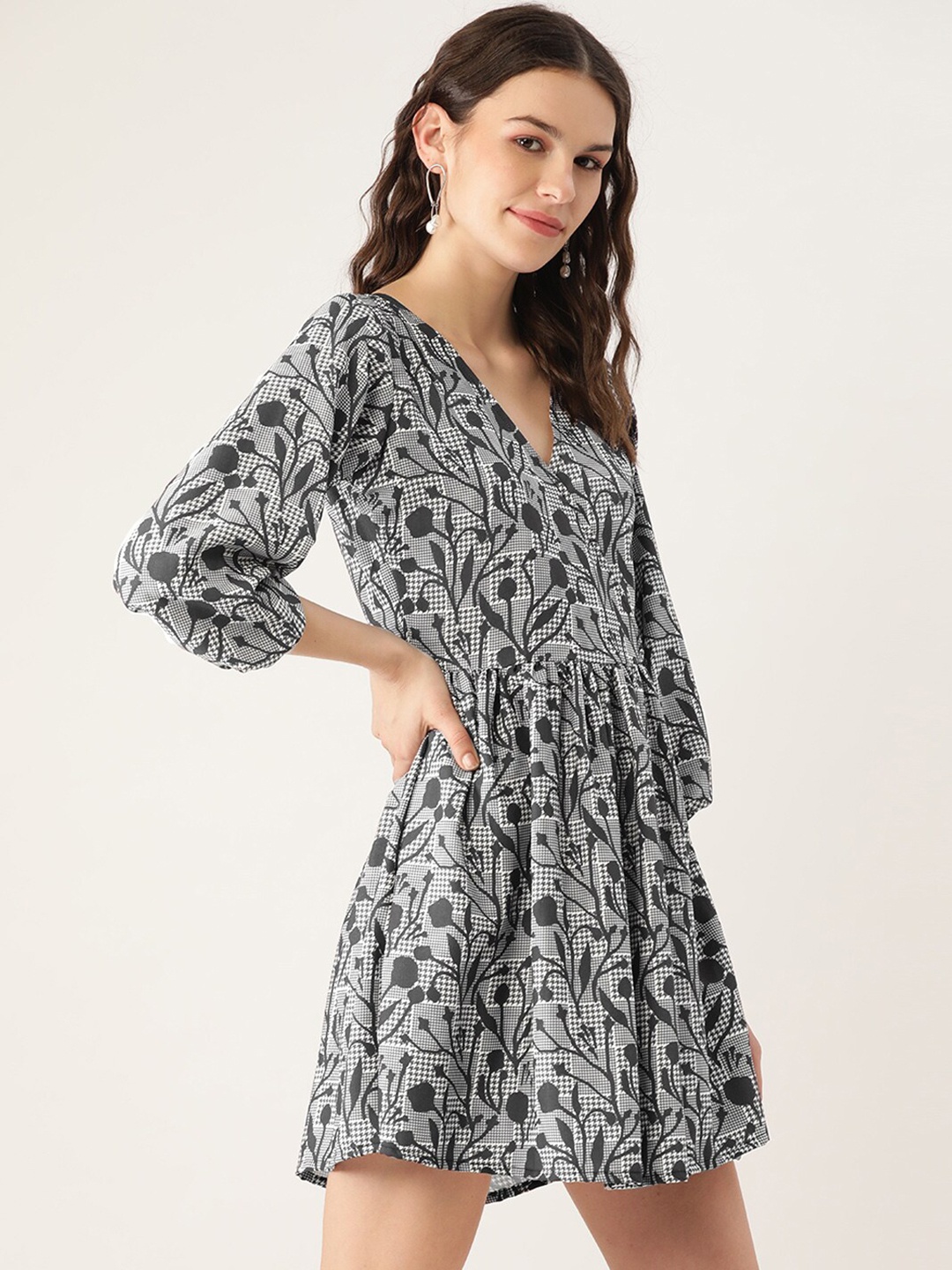 

DressBerry Black Floral Printed V-Neck Puff Sleeves Gathered Detail Fit & Flare Mini Dress