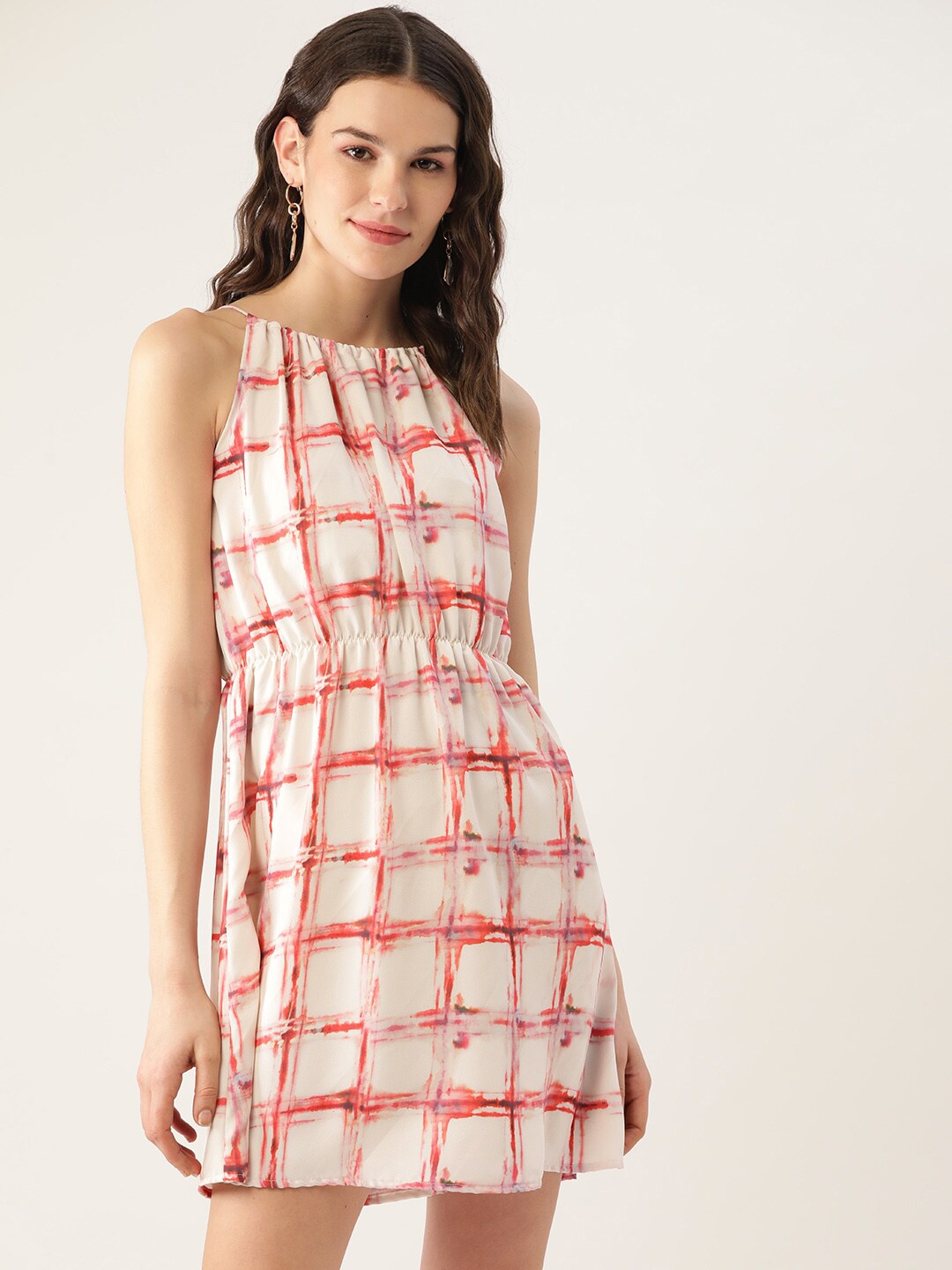 

DressBerry White Checked Shoulder Straps Gathered Fit and Flare Mini Dress