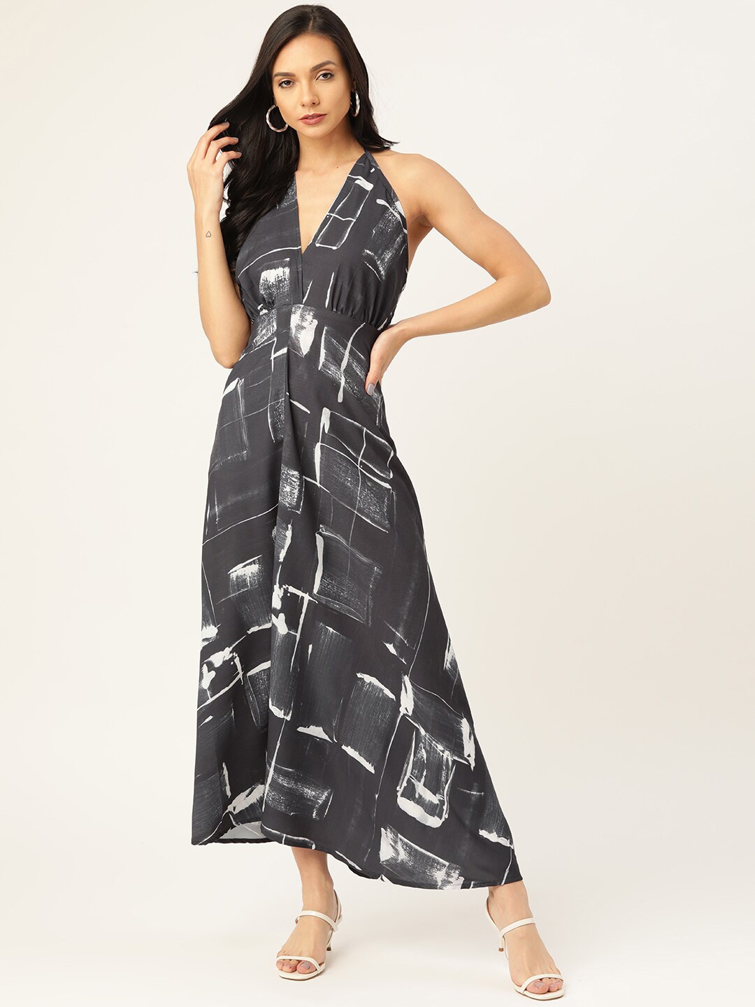 

DressBerry Grey Abstract Printed Halter Neck Fit and Flare Maxi Dress