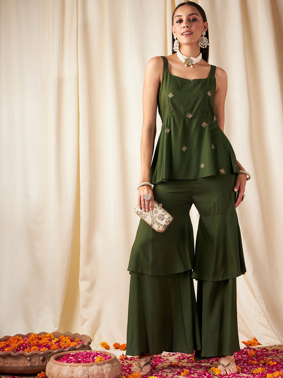 

Shae by SASSAFRAS Embroidered Tunic & Palazzos Co-Ords, Olive