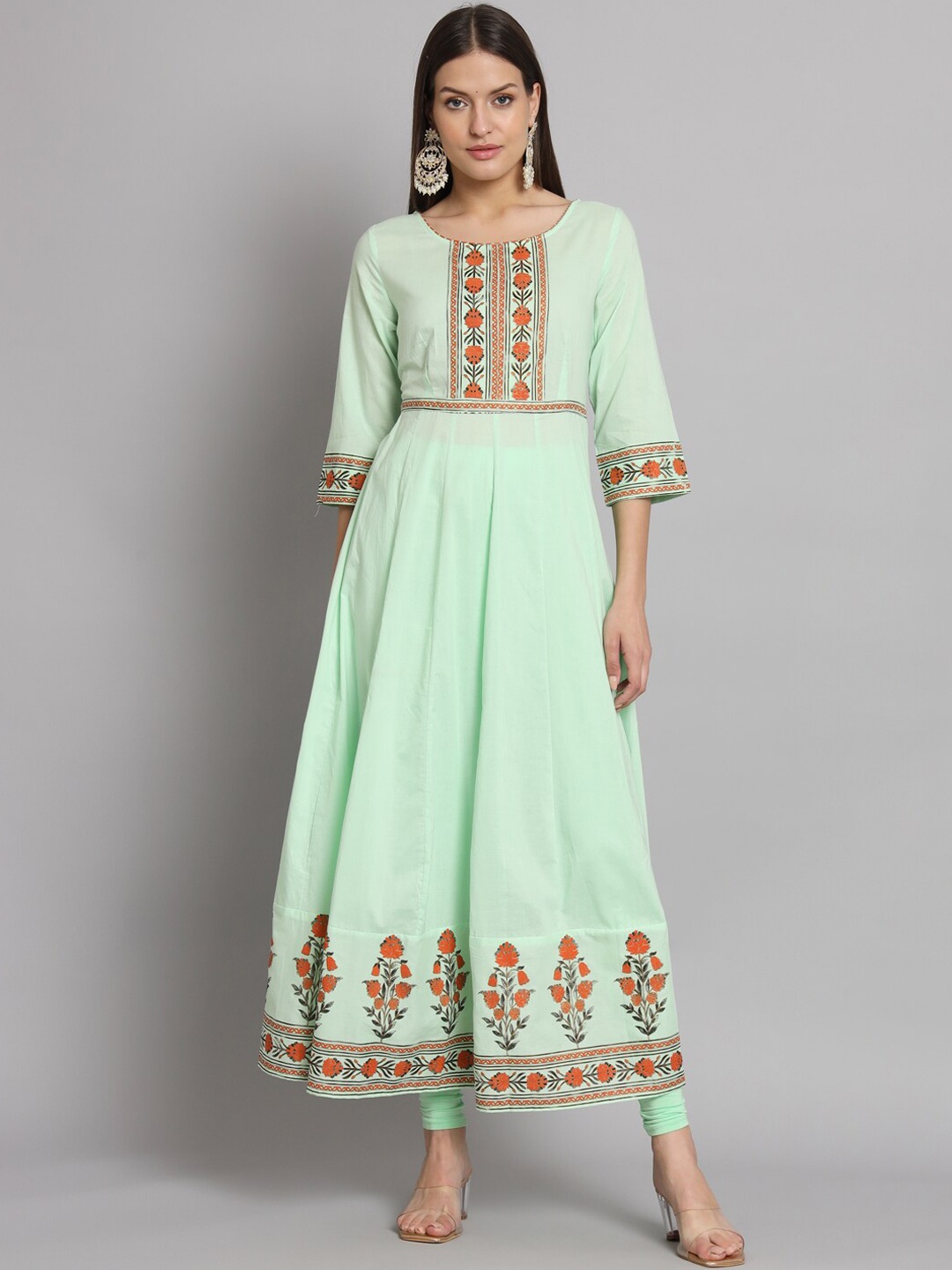 

Poshak Hub Floral Printed Pure Cotton Anarkali Kurta With Legging, Sea green