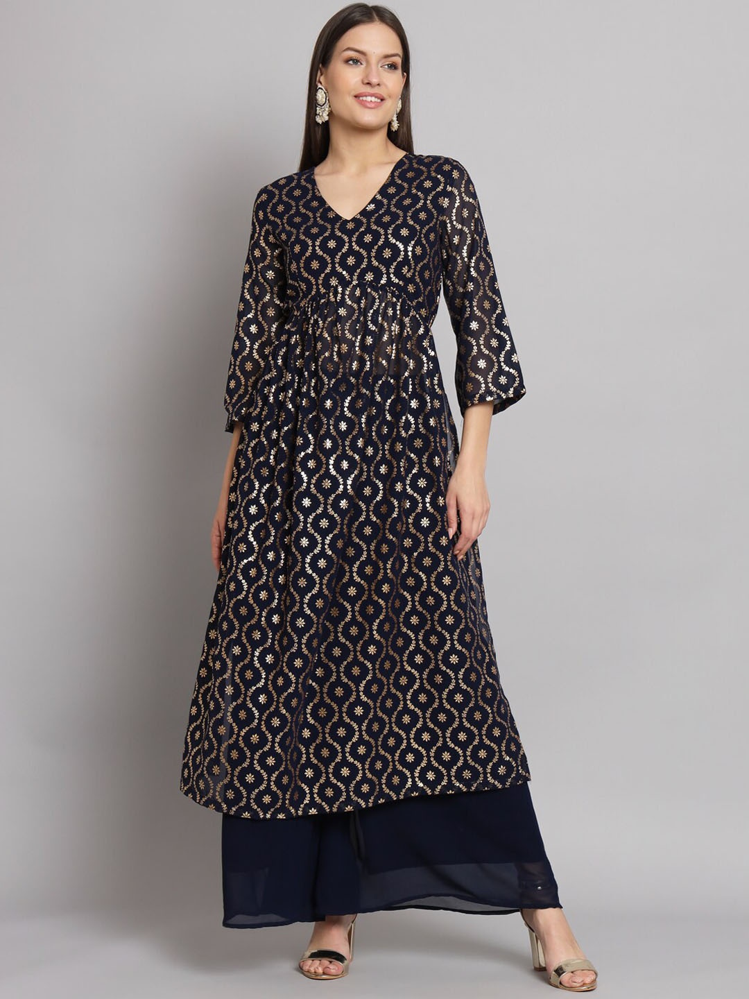 

Poshak Hub Ethnic Motifs Foil Printed Empire Georgette Kurta With Palazzos, Navy blue