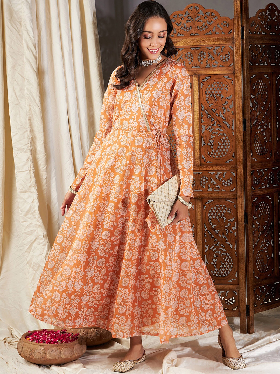 

Shae by SASSAFRAS Floral Printed Wrap Anarkali Maxi Dress, Mustard