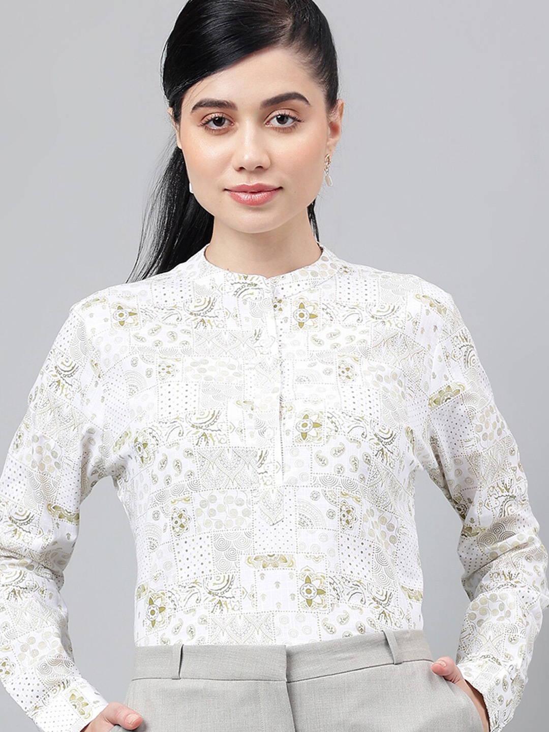 

Hancock Ethnic Motifs Printed Mandarin Collar Cuffed Sleeves Cotton Top, White