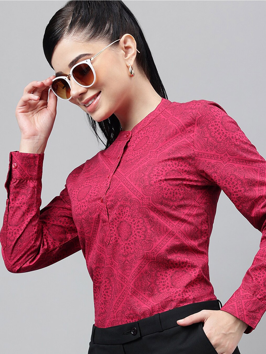 

Hancock Regular Fit Floral Printed Pure Cotton Long Sleeve Shirt Style Top, Magenta