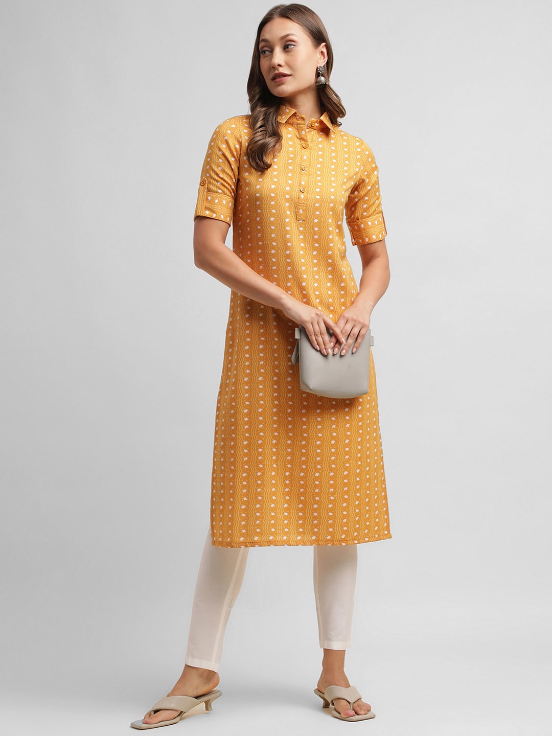 

KALINI Abstract Printed Shirt Collar Cotton Straight Kurta, Mustard