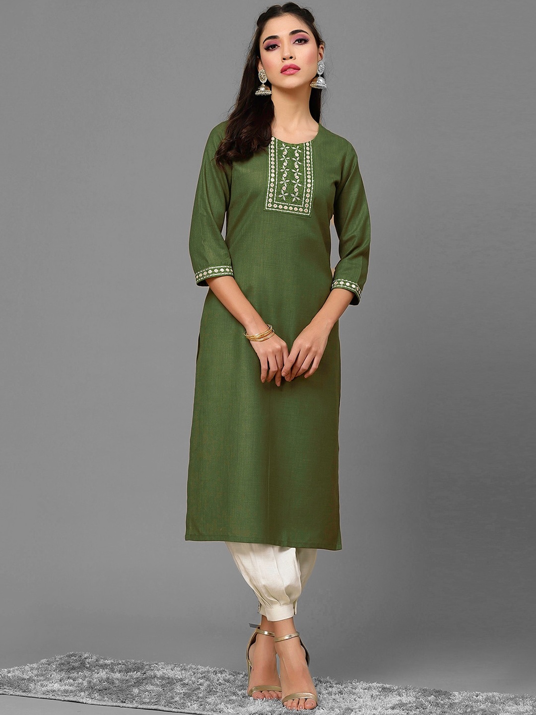 

KALINI Ethnic Motifs Yoke Design Kurta, Olive