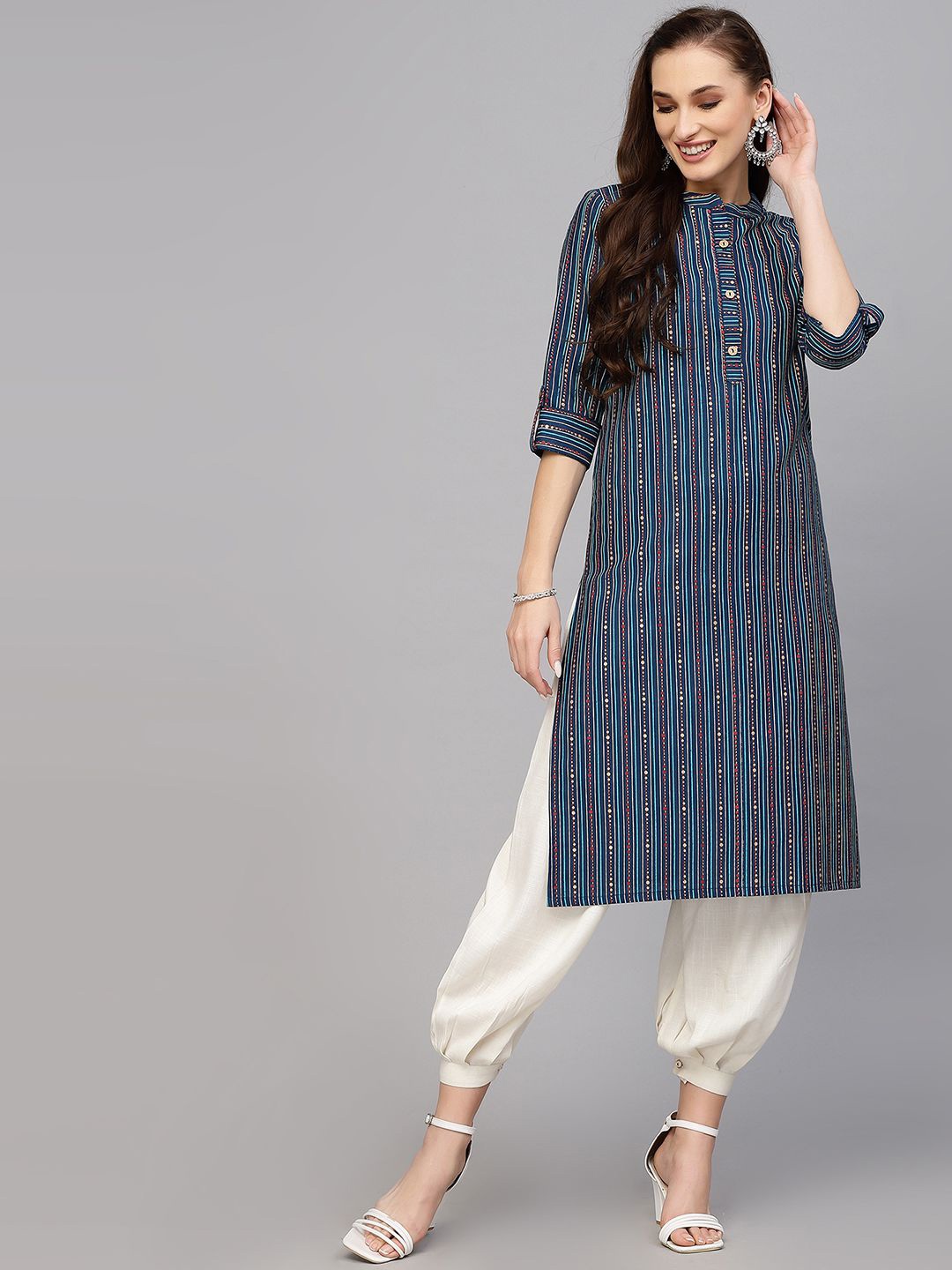 

KALINI Striped Printed Mandarin Collar Cotton Straight Kurta, Teal