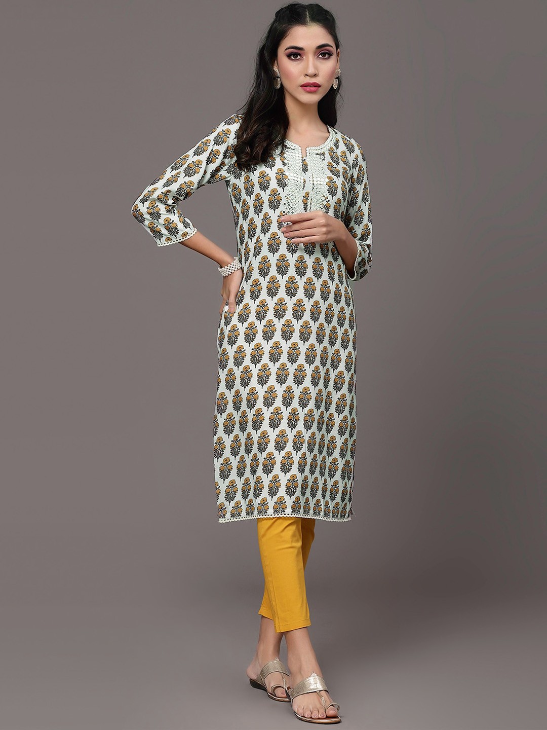 

KALINI Floral Printed Straight Kurta, White