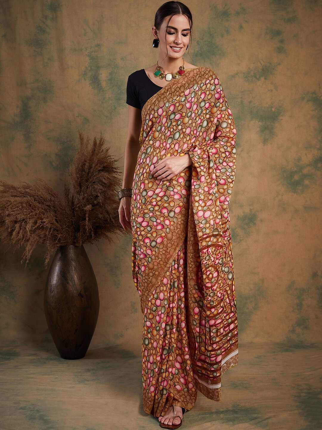 

Sangria Brown & Pink Polka Dots Printed Pure Georgette Saree
