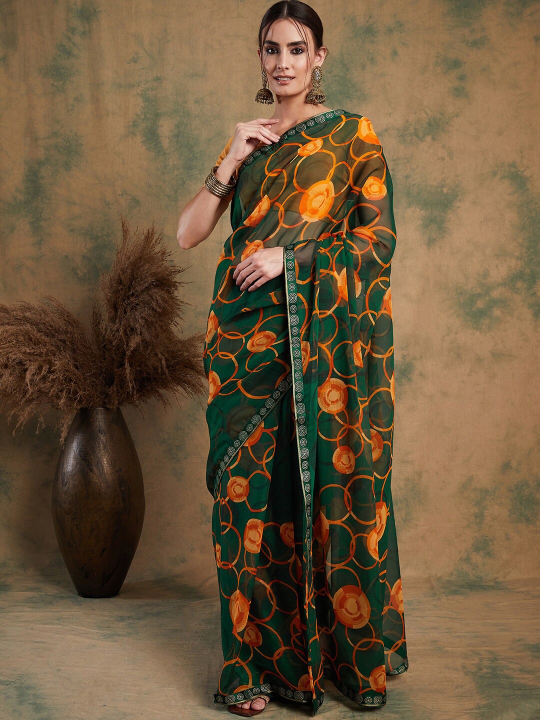 

Sangria Printed Pure Chiffon Saree, Green
