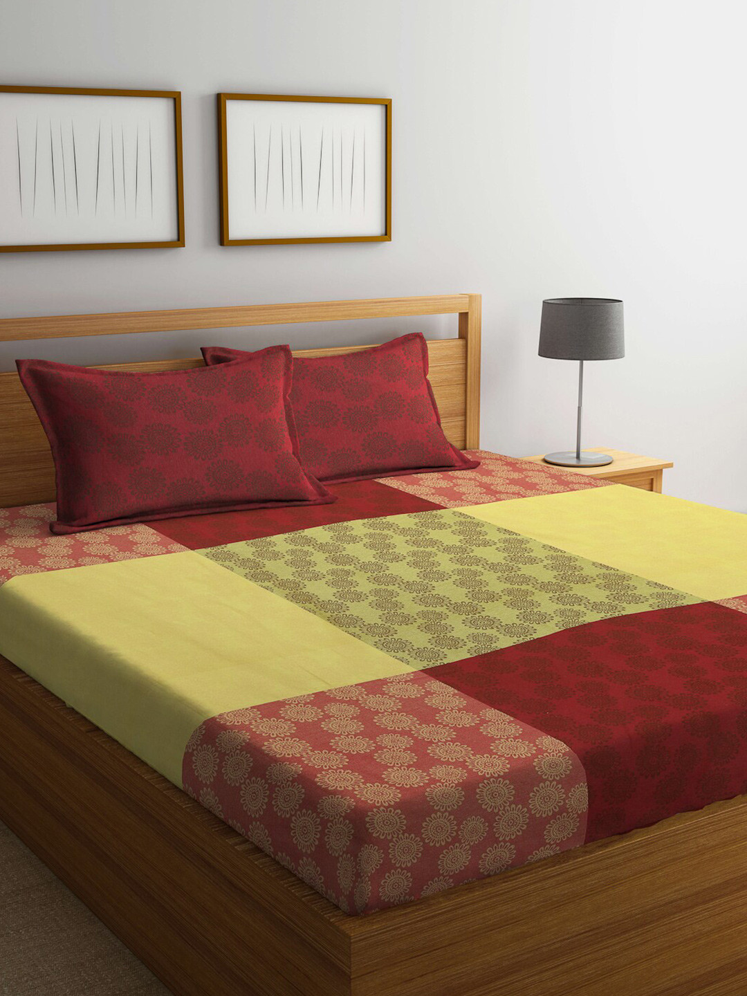 

FABINALIV Green & Red Floral Design Cotton 350 TC King Size Bedsheet & 2 Pillow Covers