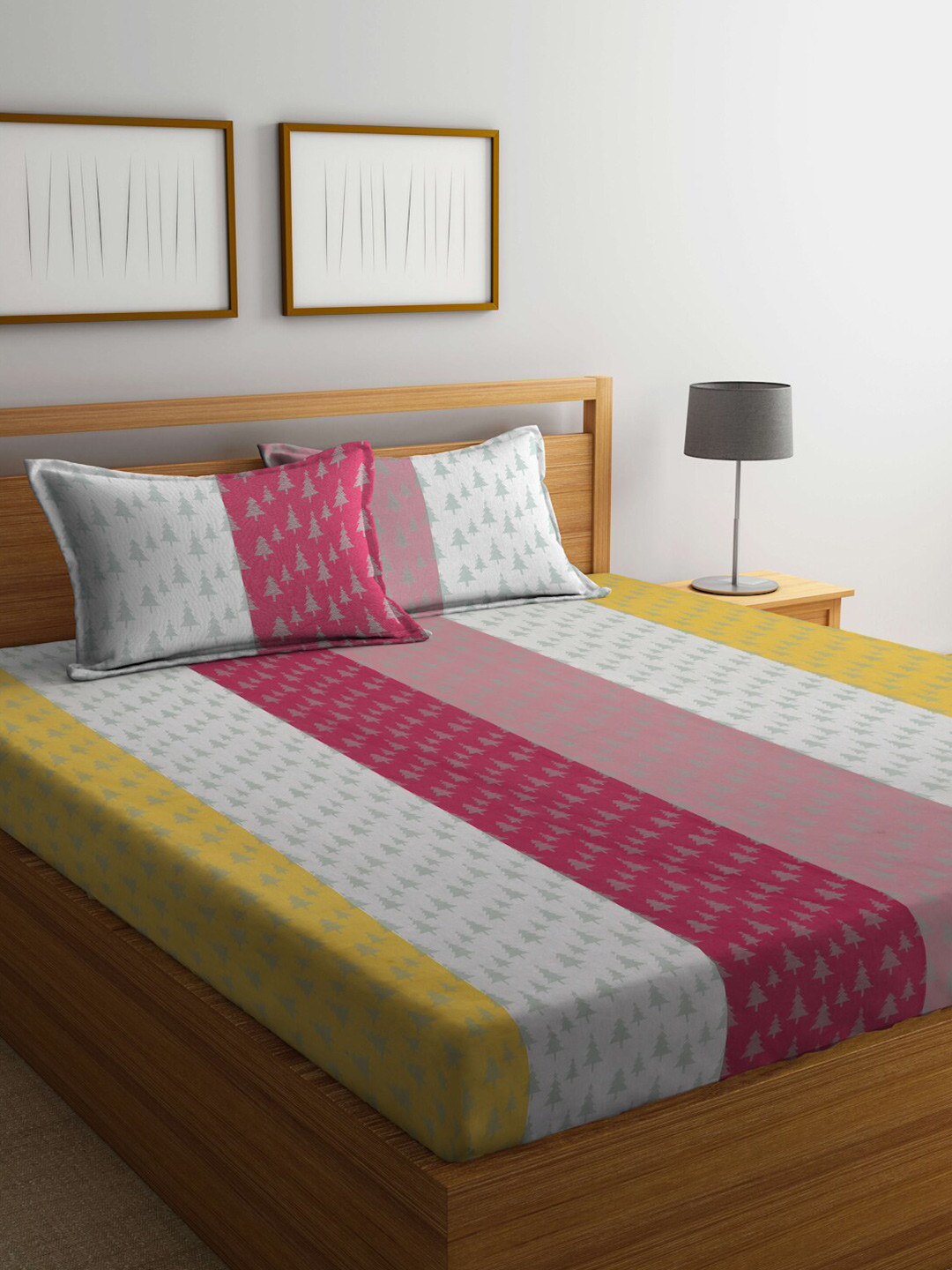 

FABINALIV White & Yellow Striped Pure Cotton 350 TC King Bedsheet With 2 Pillow Covers