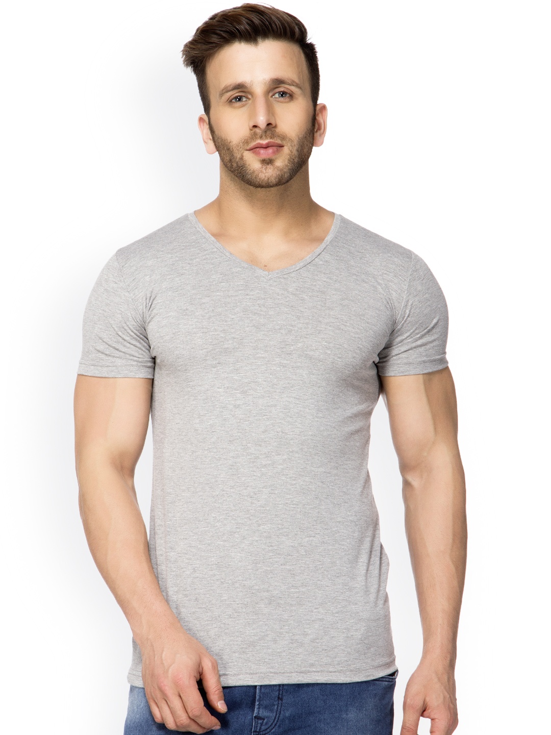 

Tinted Men Grey Solid V-Neck T-shirt