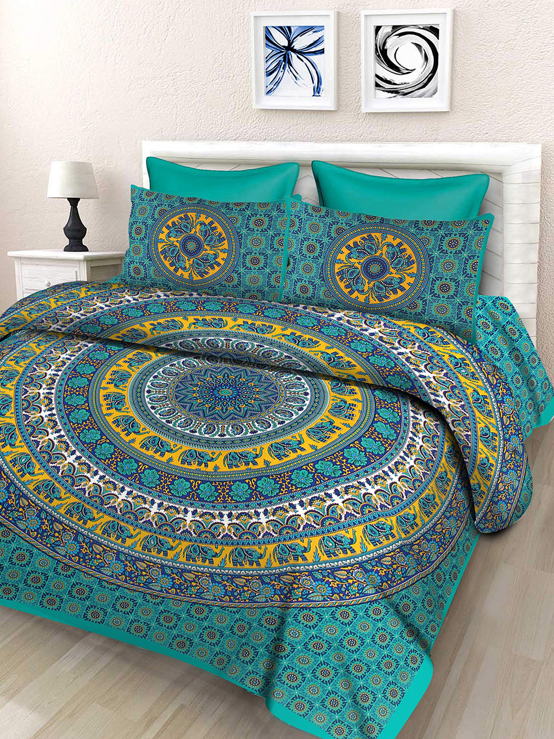 

SheetKart Green & Yellow Ethnic Motifs Pure Cotton 144 TC Queen Bedsheet & 2 Pillow Covers