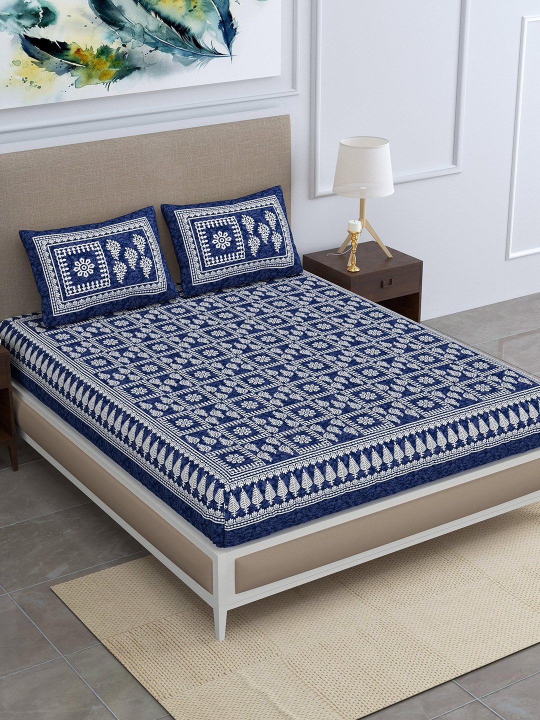 

SheetKart Blue & White Ethnic Motifs Pure Cotton 144 TC Queen Bedsheet & 2 Pillow Covers