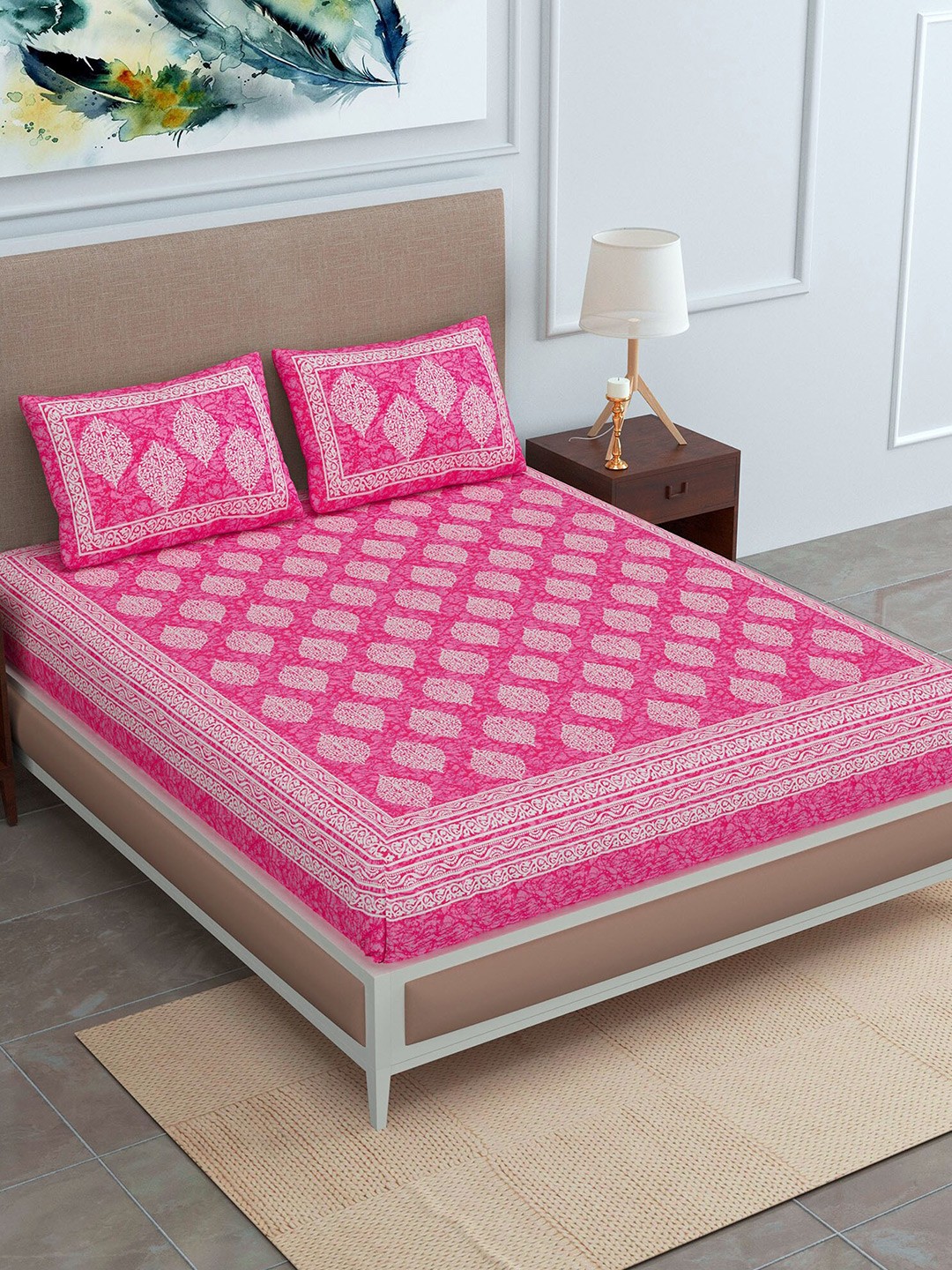 

SheetKart Pink & White Ethnic Motifs Pure Cotton 144 TC Queen Bedsheet & 2 Pillow Covers