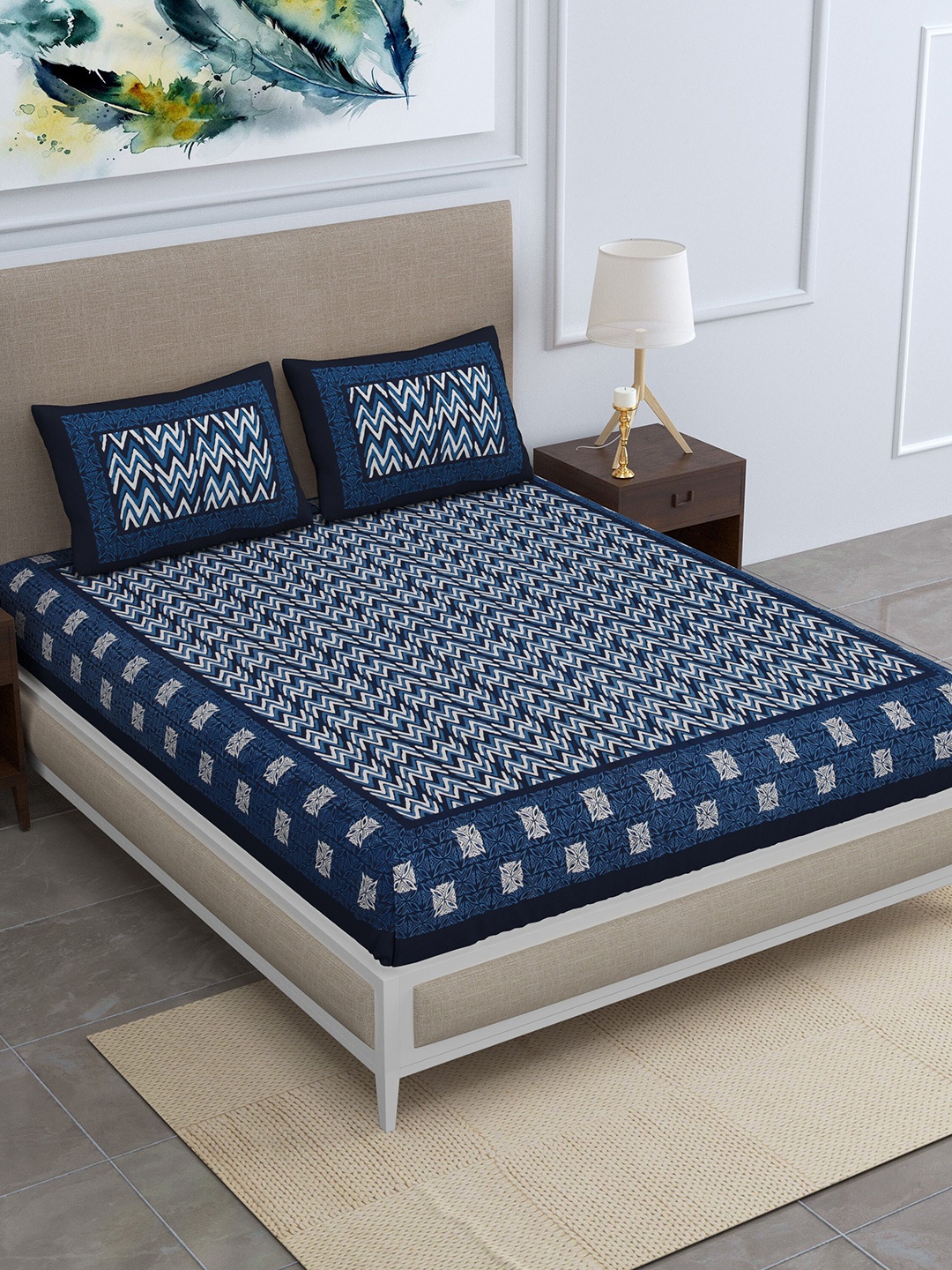

SheetKart Blue & White Striped Pure Cotton 144 TC Queen Bedsheet & 2 Pillow Covers