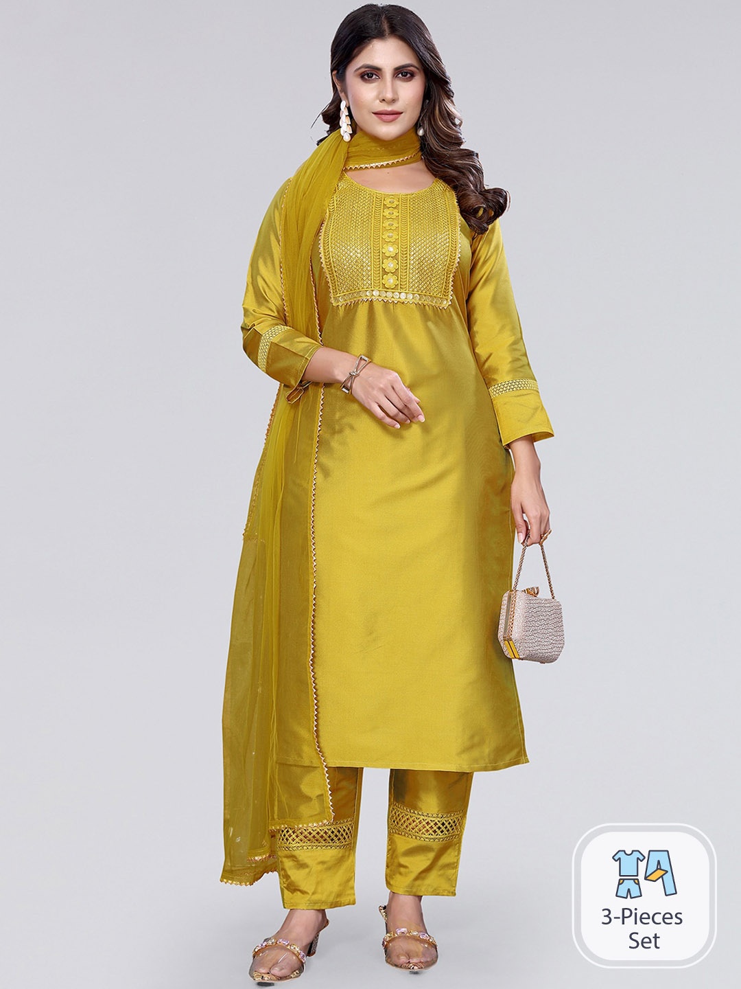 

KALINI Ethnic Motifs Yoke Design Sequinned Kurta With Trousers & Dupatta, Mustard