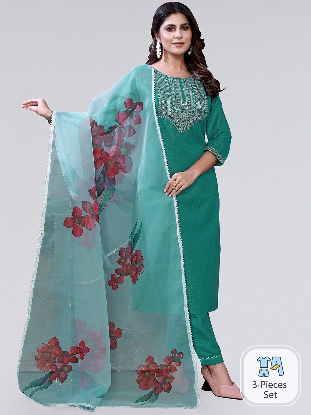 

KALINI Ethnic Motifs Embroidered Regular Sequinned Kurta With Trousers & Dupatta, Teal