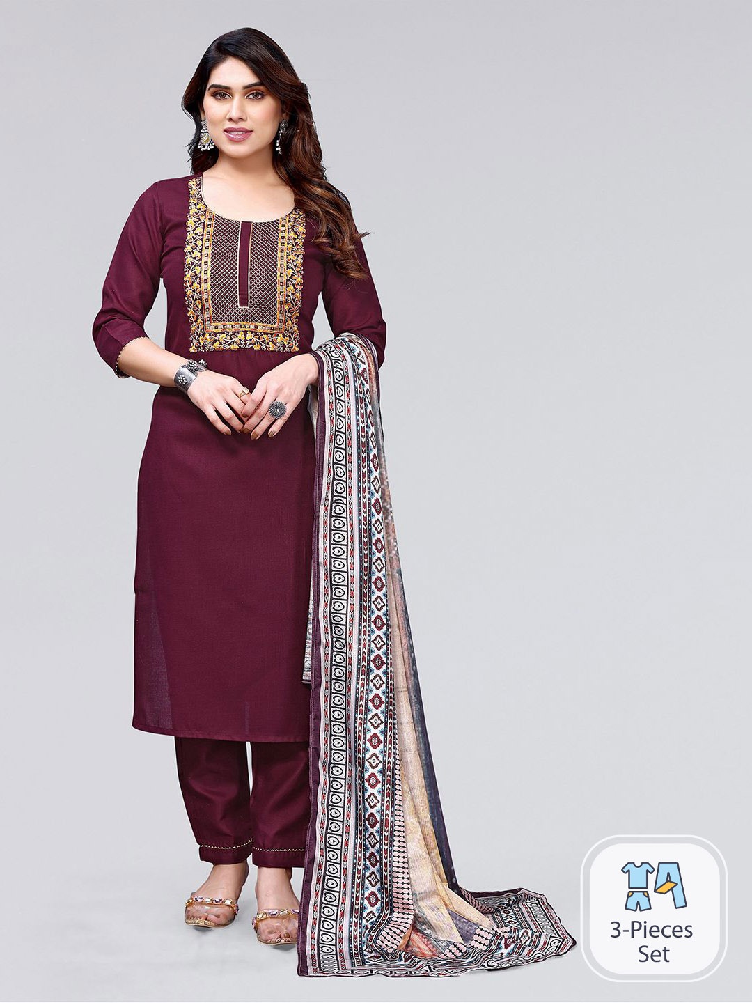 

KALINI Floral Embroidered Round Neck Kurta With Trousers & With Dupatta, Maroon