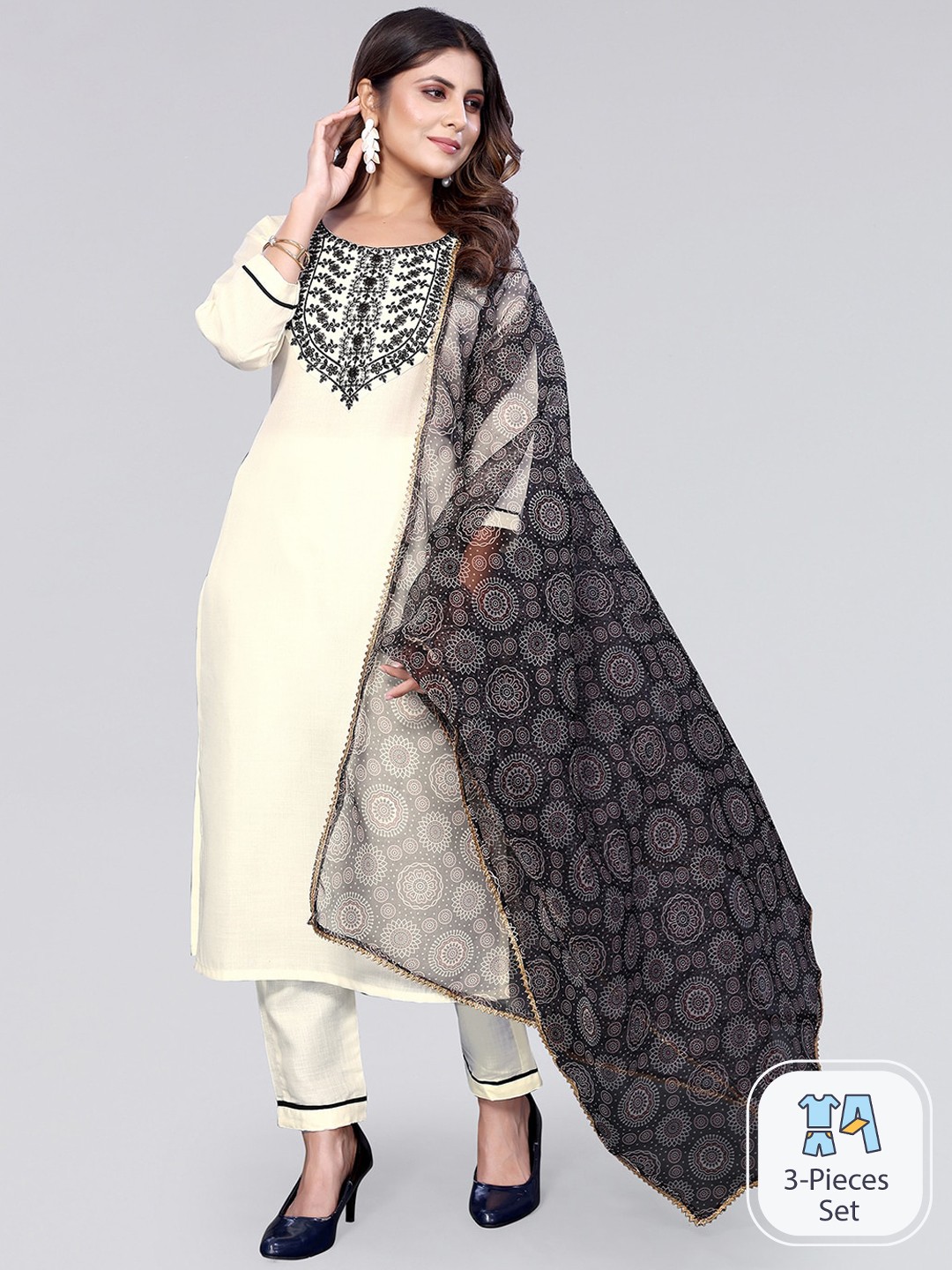 

KALINI Floral Embroidered Round Neck Kurta With Trousers & With Dupatta, Cream