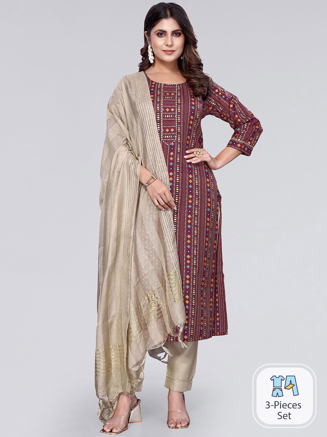 

KALINI Ethnic Motifs Printed Kurta & Trousers With Dupatta, Maroon