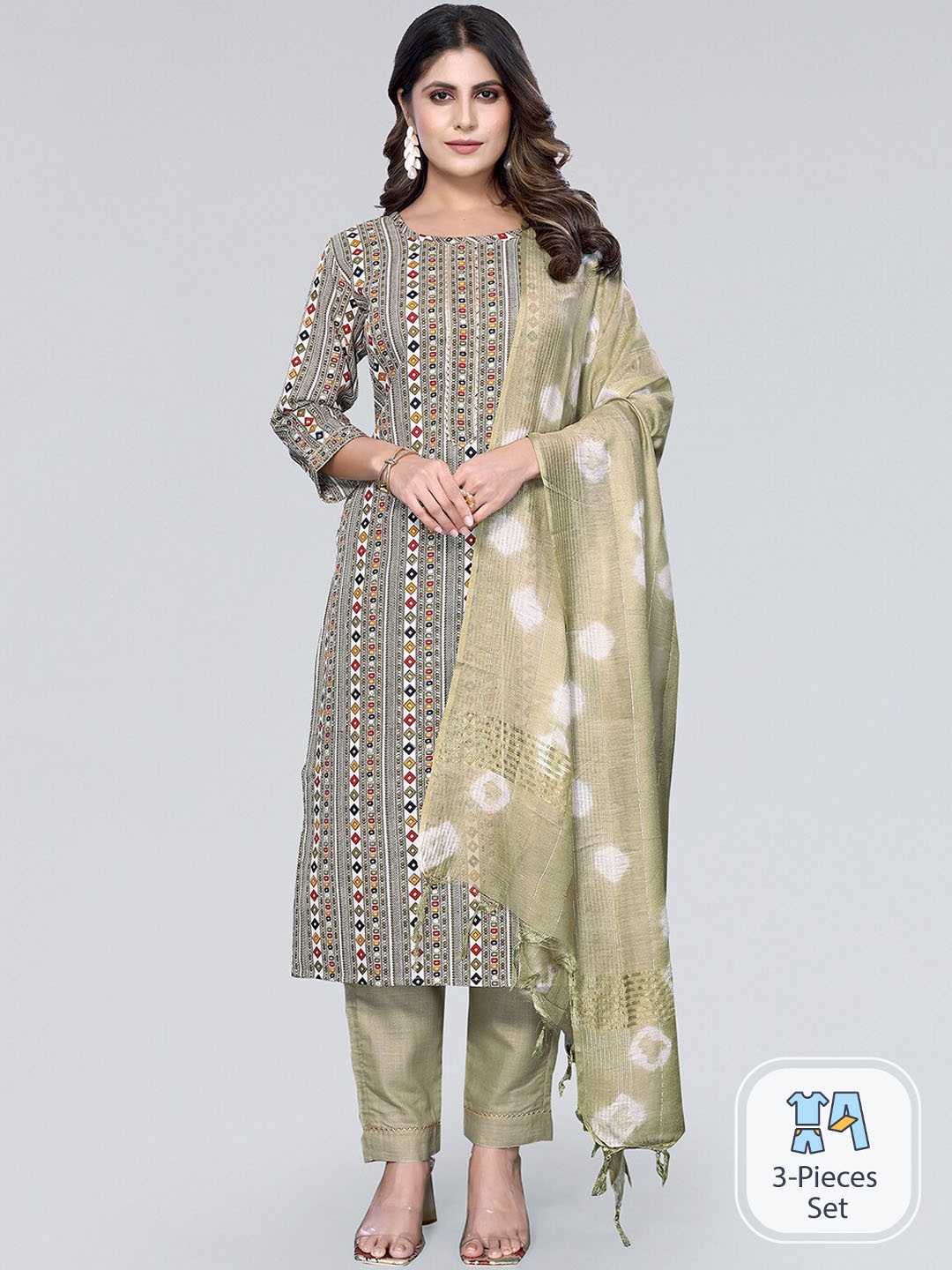 

KALINI Ethnic Motifs Printed Kurta & Trousers With Dupatta, Beige