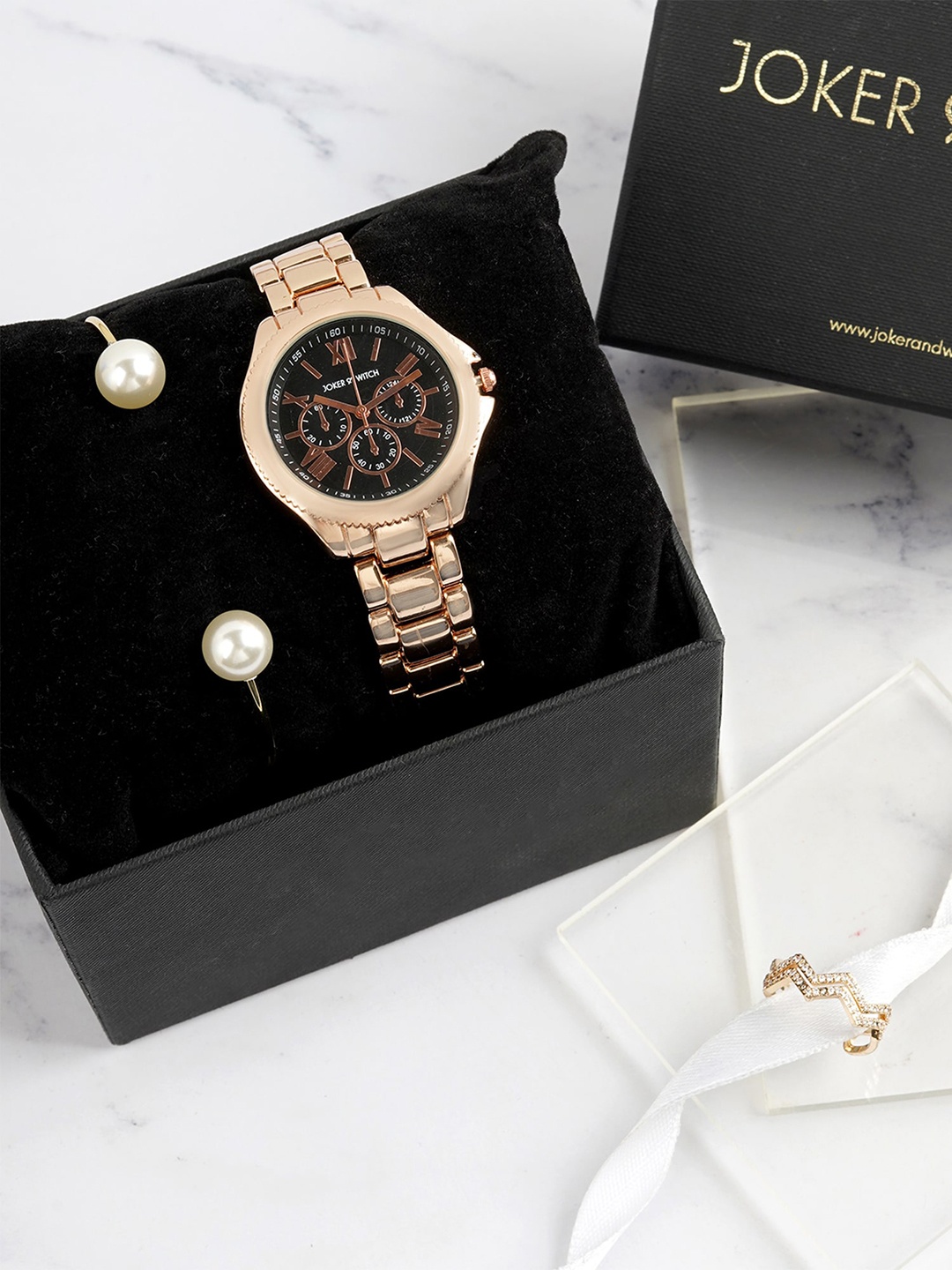 

JOKER & WITCH Women Watch, Ring & Bracelet Set Gift Set JWLT581, Gold