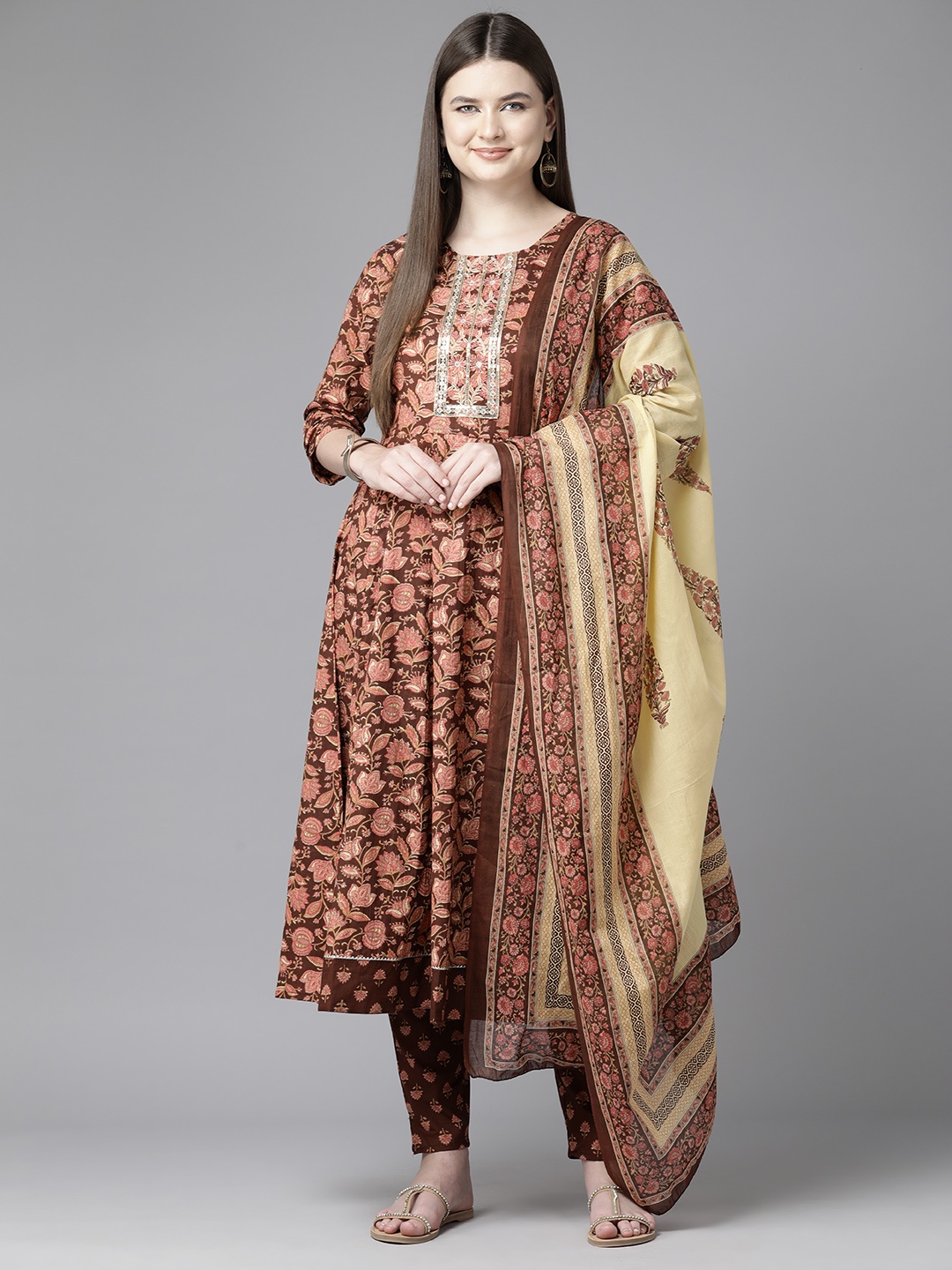 

Yufta Floral Printed Regular Sequinned Pure Cotton Kurta with Trousers & Dupatta, Brown