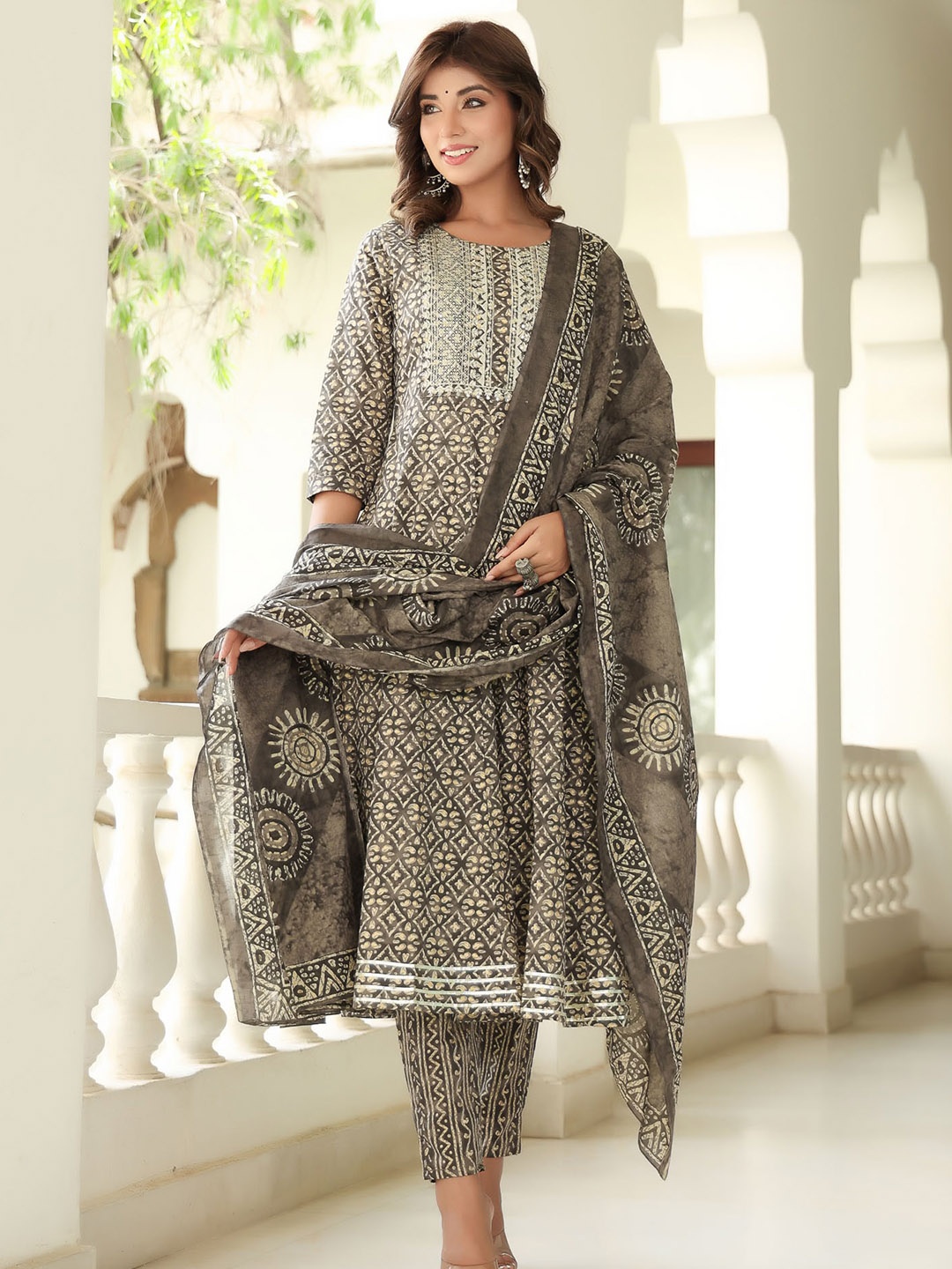 

Yufta Ethnic Motifs Printed Sequinned Pure Cotton Kurta with Trousers & Dupatta, Taupe