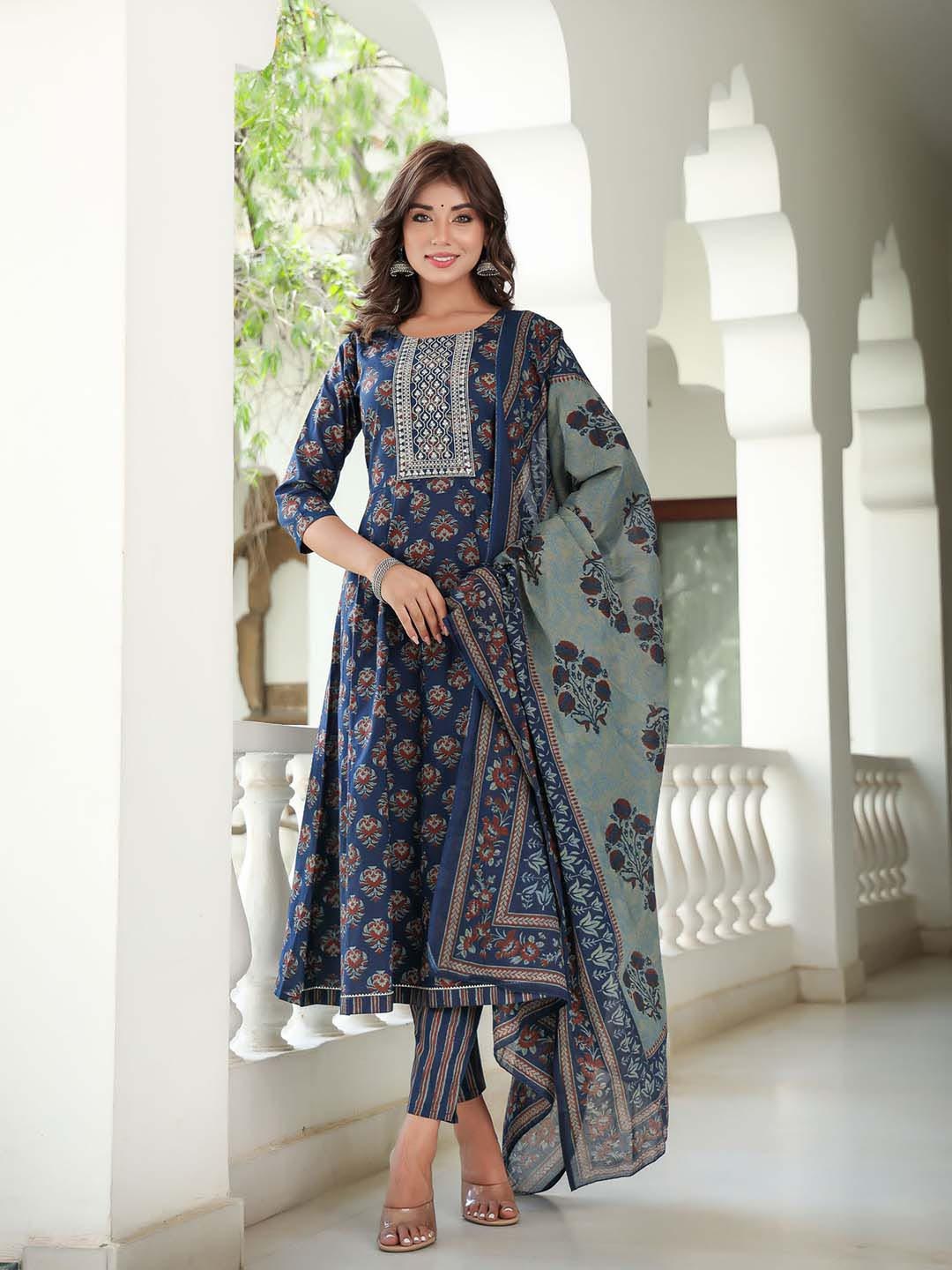 

Yufta Ethnic Motifs Printed Sequinned Pure Cotton Kurta with Trousers & Dupatta, Navy blue