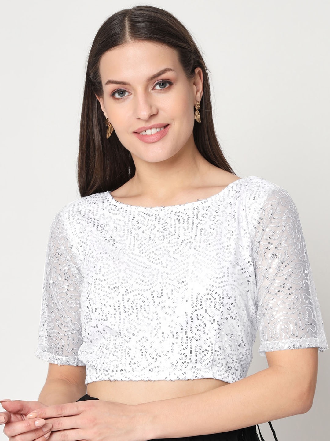 

studio rasa Embroidered Net Sheer Sleeve Saree Blouse, Silver
