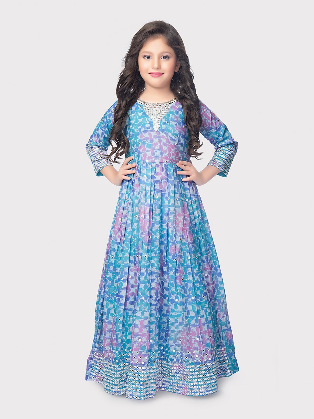 

Tiny Kingdom Girls Tie & Dye Dyed Embellished & Pleated Maxi Dress, Blue