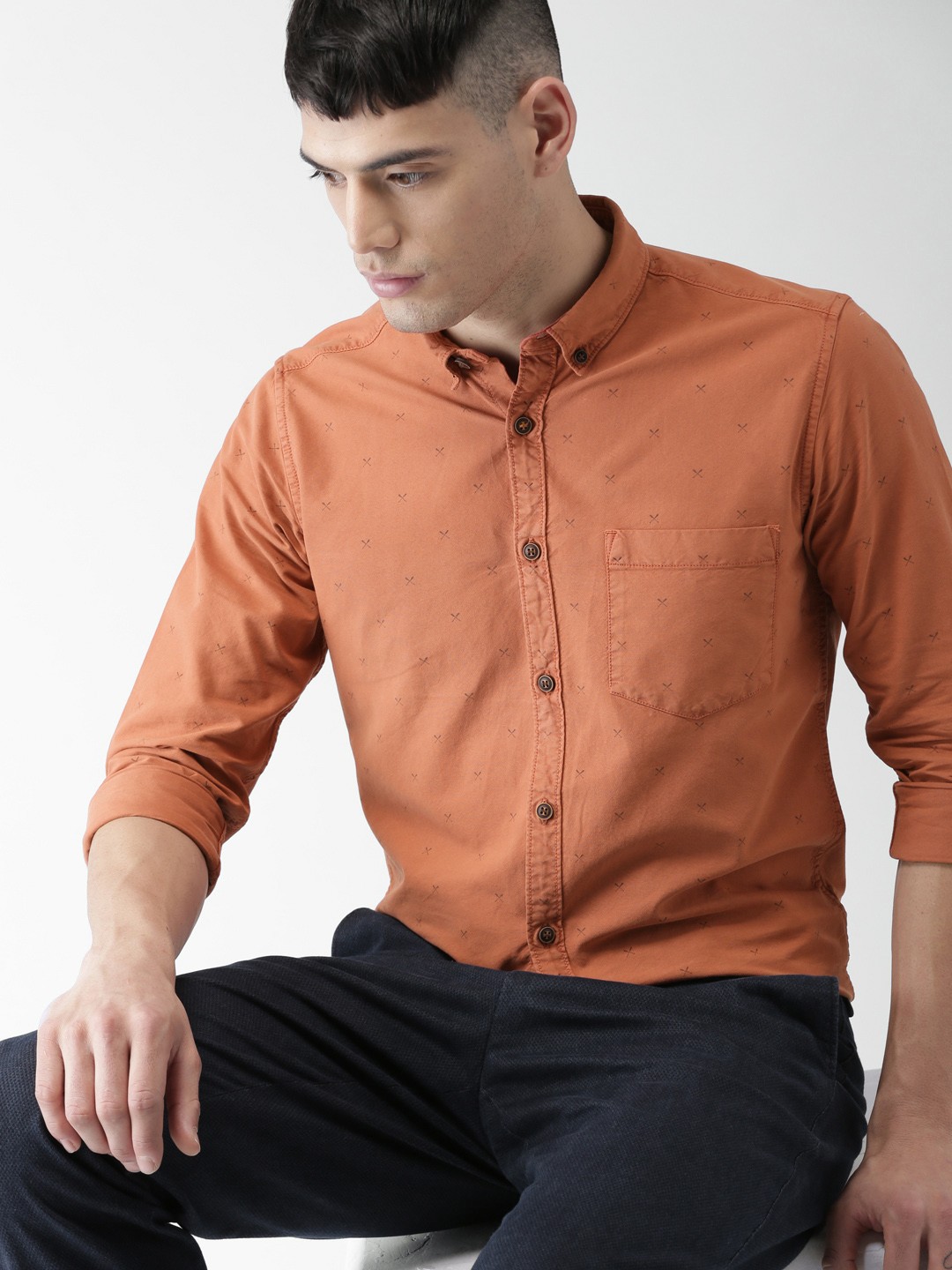 

Mast & Harbour Men Rust Brown Slim Fit Printed Casual Shirt