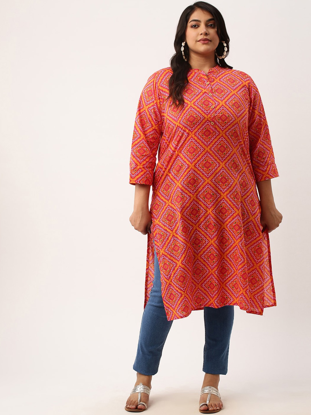 

Zola Plus Size Printed Mandarin Collar Pure Cotton Kurta, Orange