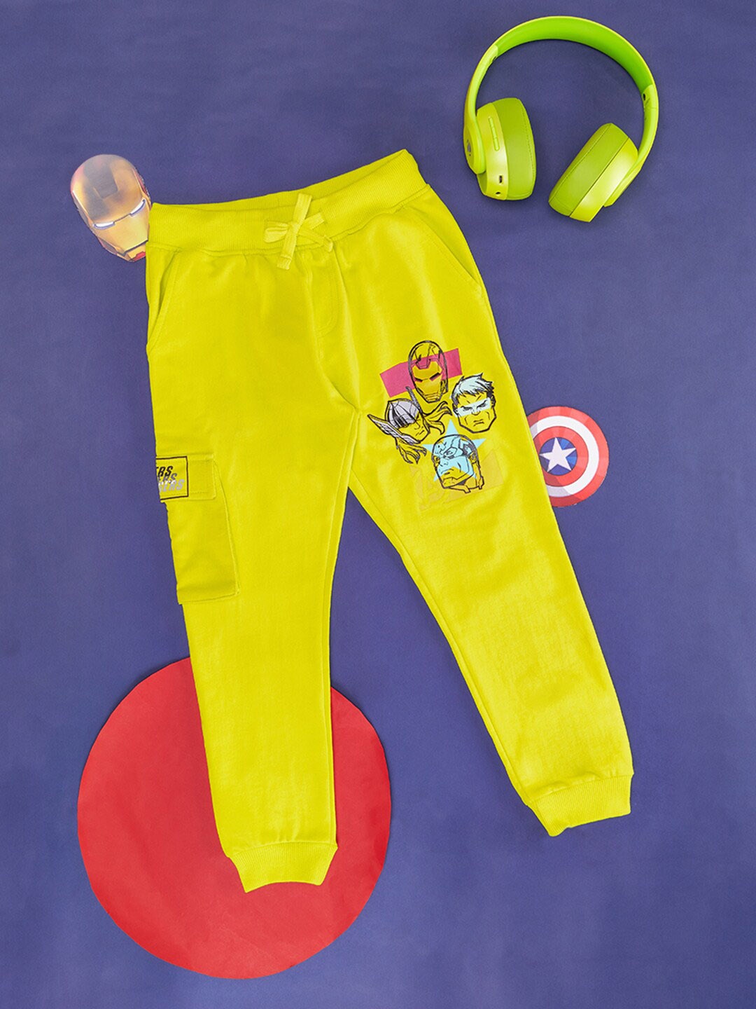 

Pantaloons Junior Boys Marvel Printed Cotton Mid-Rise Joggers, Yellow