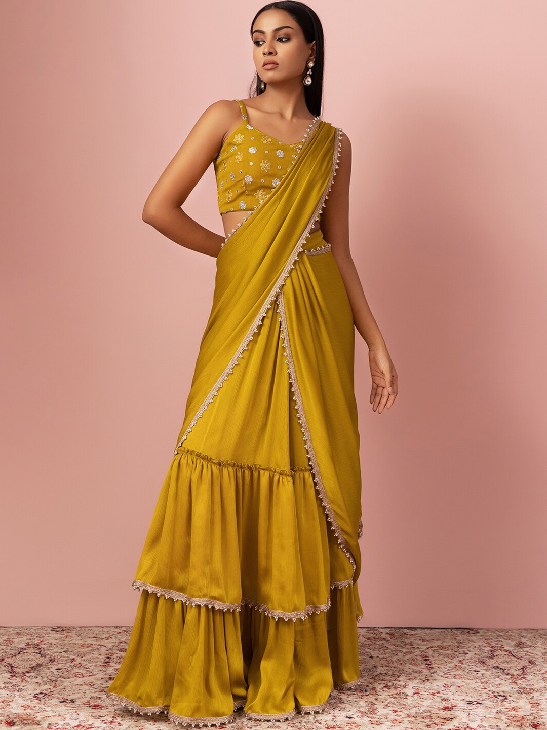 

Indya Luxe X VARUN BAHL Beads and Stones Ready to Wear Saree, Yellow