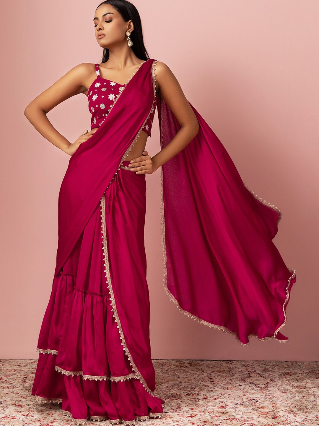 

Indya Luxe X VARUN BAHL Beads and Stones Ready to Wear Saree, Pink