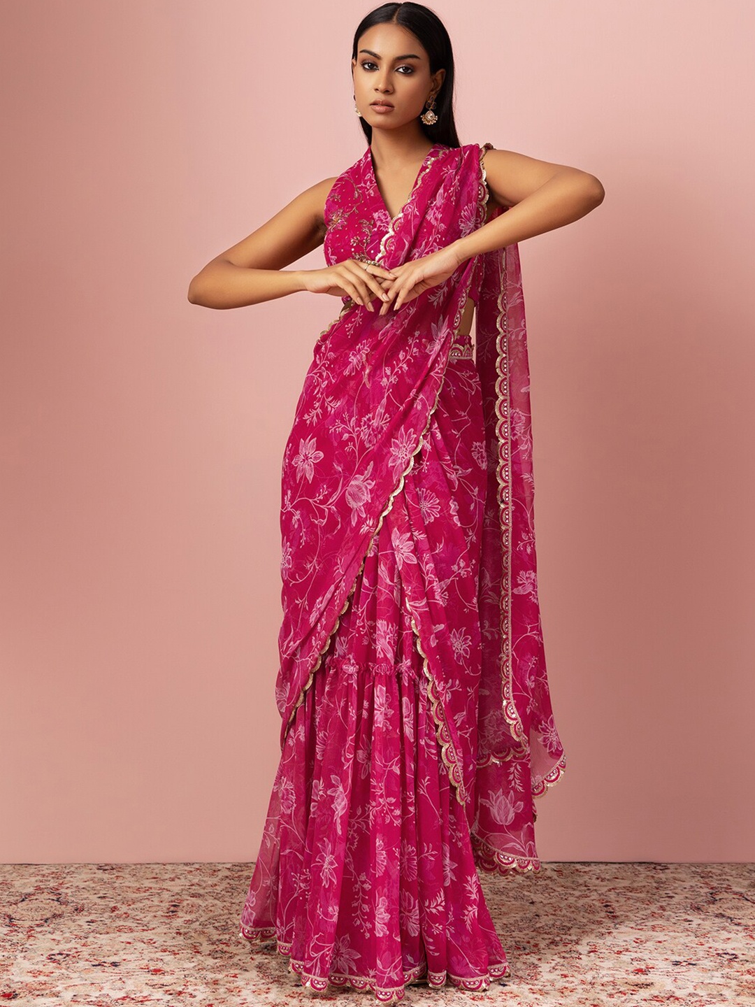 

Indya Luxe X VARUN BAHL Floral Printed Sequinned Ready to Wear Saree, Pink
