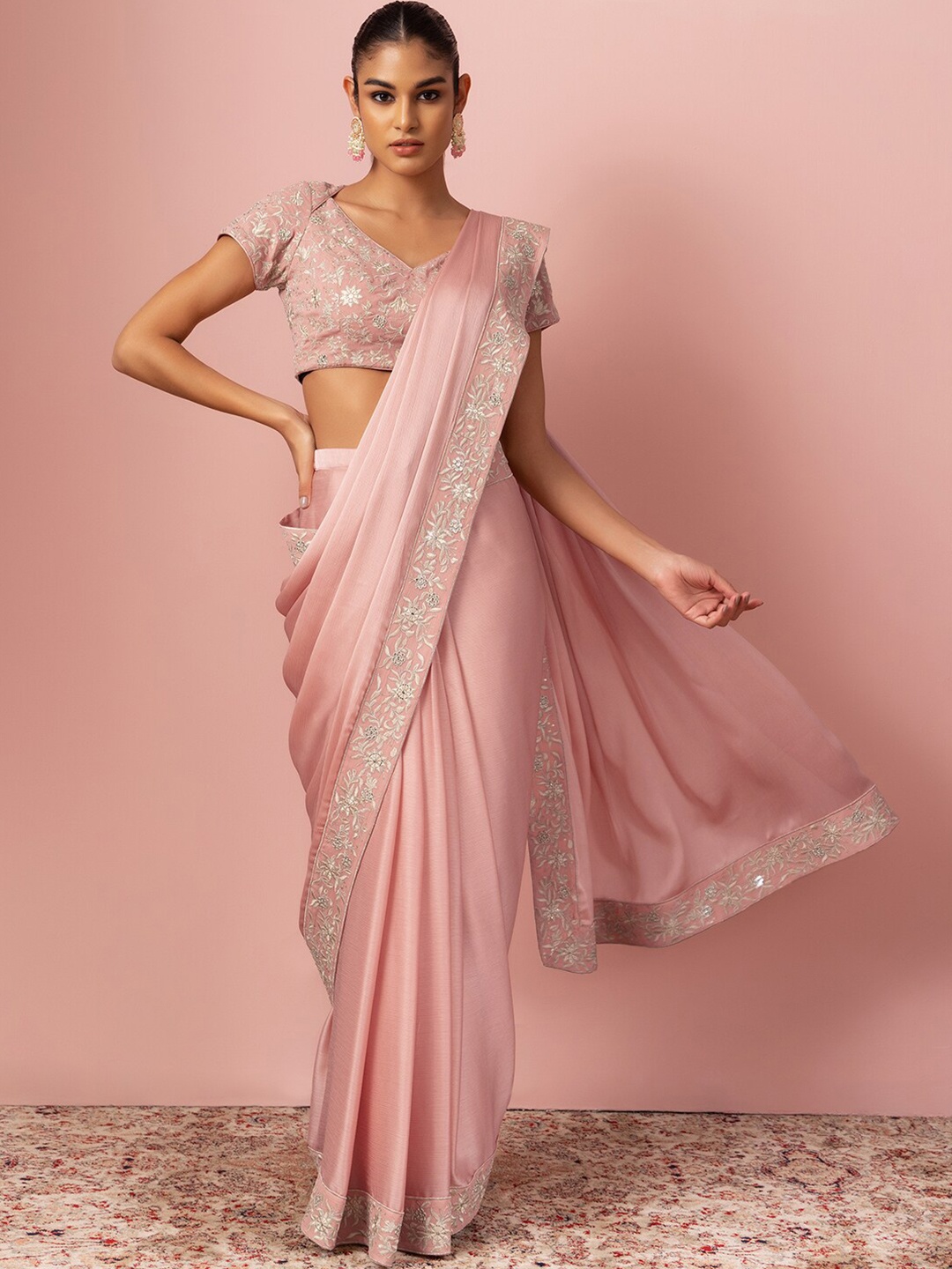 

Indya Luxe X VARUN BAHL Embroidered Border Ready to Wear Saree, Pink