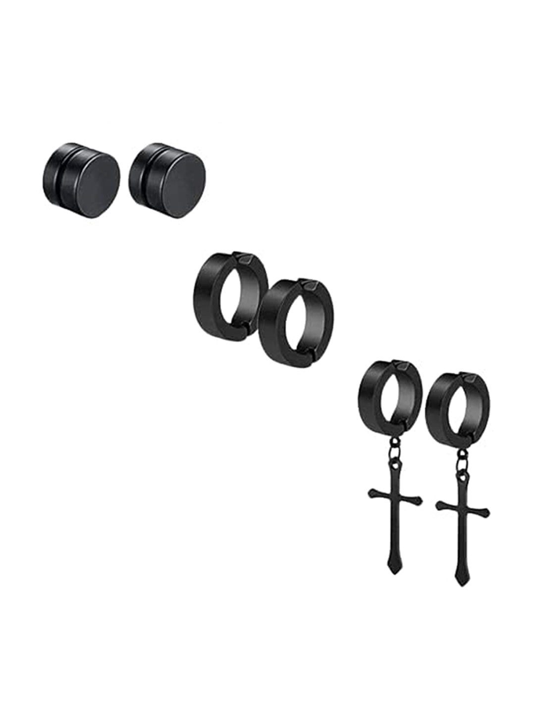 

KRYSTALZ Men Set Of 3 Geometric Stud Earrings, Black