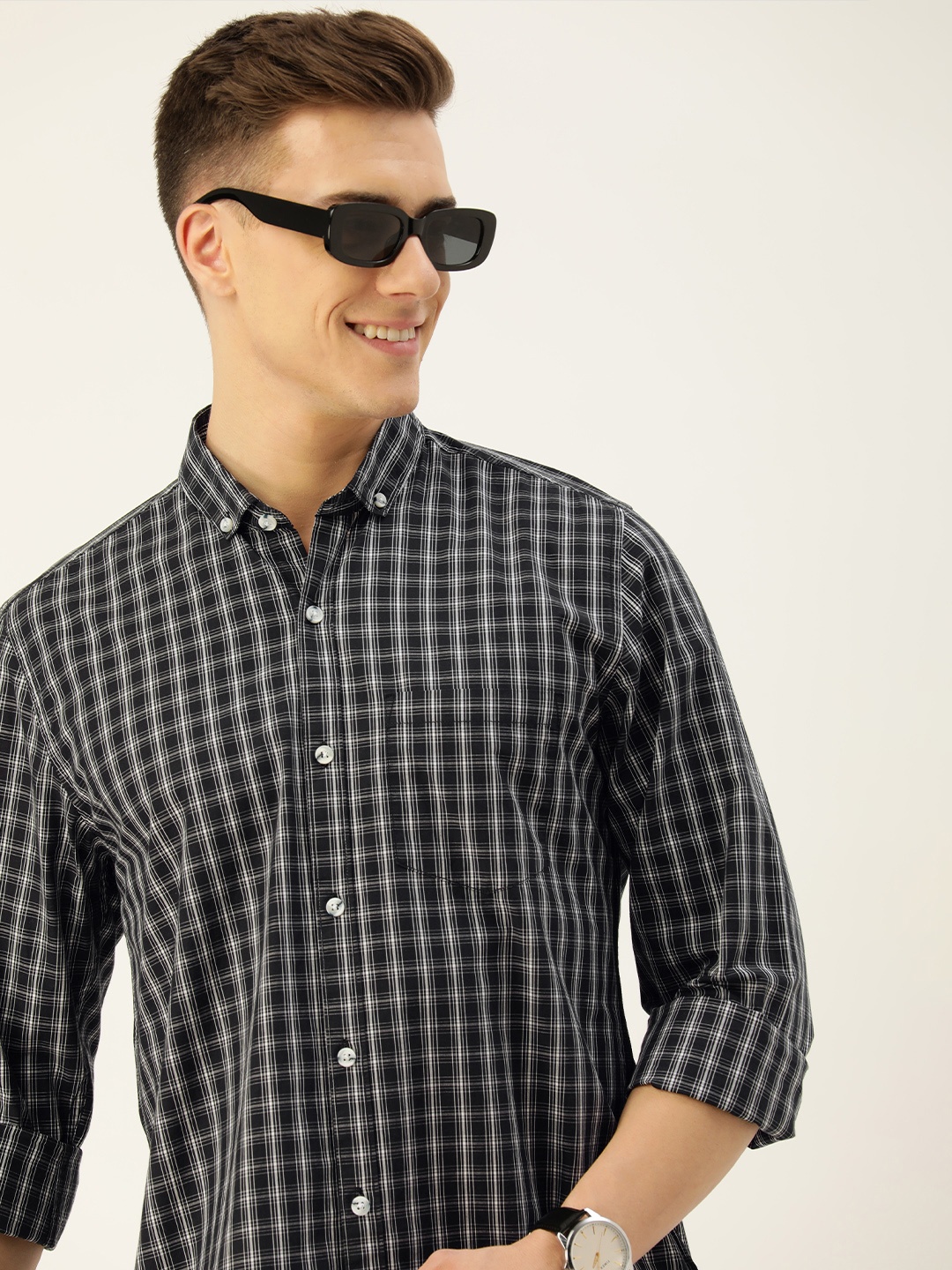 

Mast & Harbour Men Classic Slim Fit Tartan Checks Opaque Casual Shirt, Black