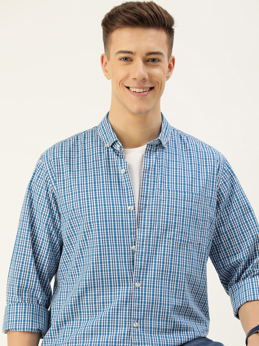 

Mast & Harbour Men Classic Slim Fit Micro Checks Opaque Casual Shirt, Blue