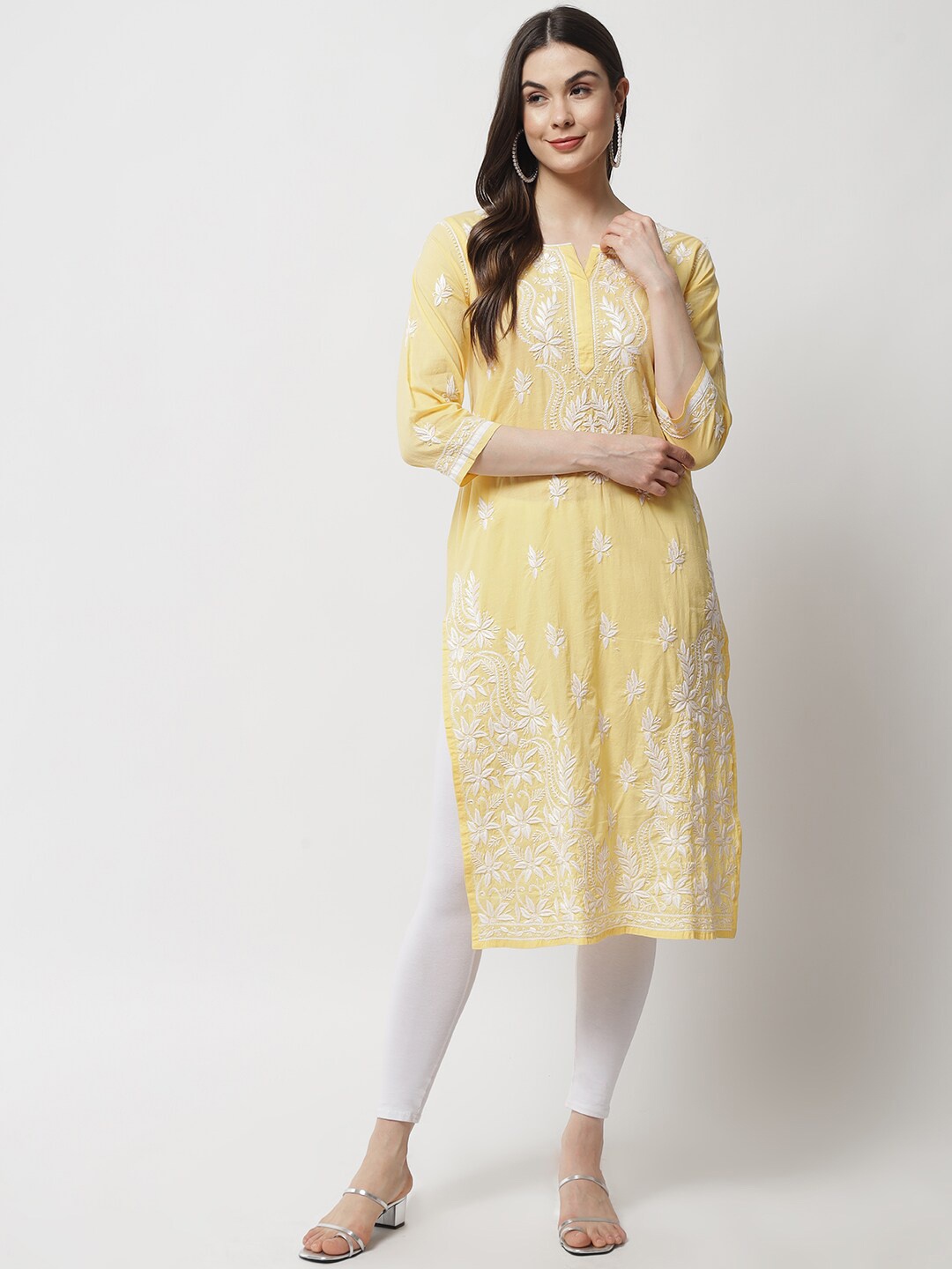 

Ethnava Ethnic Motifs Embroidered Thread Work Detailed Cotton Straight Kurta, Yellow