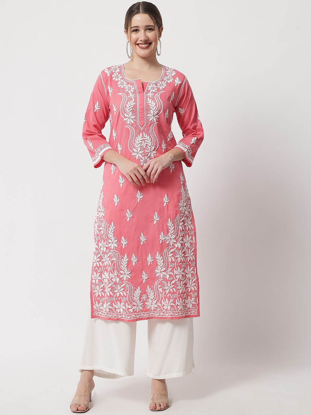 

Ethnava Ethnic Motifs Embroidered Thread Work Detailed Cotton Straight Kurta, Red