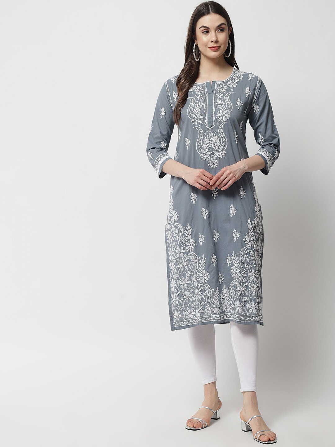 

Ethnava Ethnic Motifs Embroidered Thread Work Cotton Straight Kurta, Grey