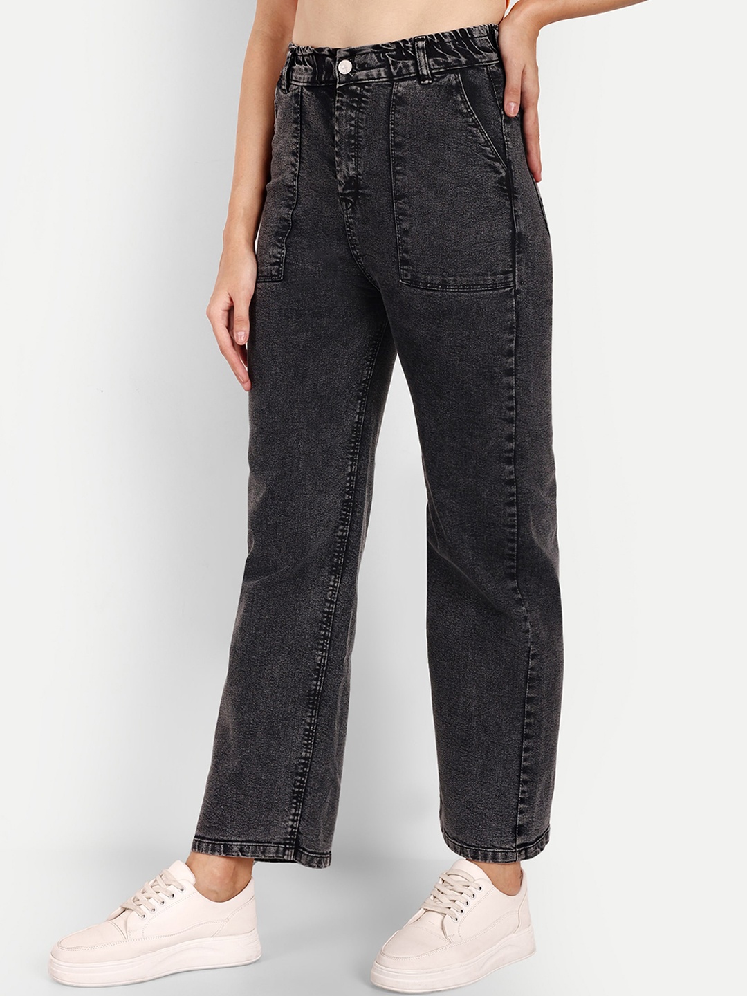 

BROADSTAR Women Smart Wide Leg High-Rise Mildly Distressed Stretchable Jeans, Black