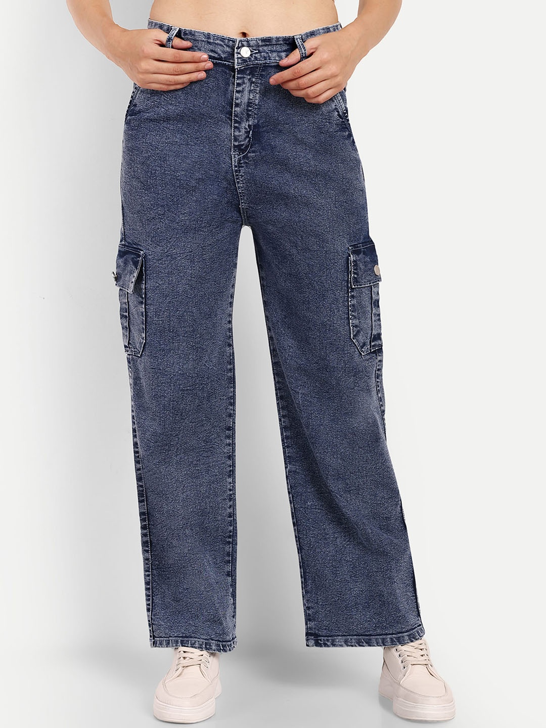 

BROADSTAR Women Smart Wide Leg High-Rise Mildly Distressed Heavy Fade Stretchable Jeans, Blue